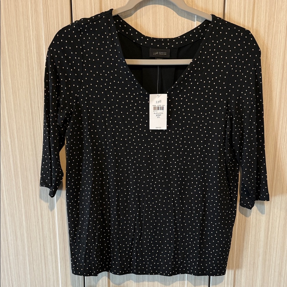 J. Jill Black & White Polka Dot V-Neck Short Sleeve Top